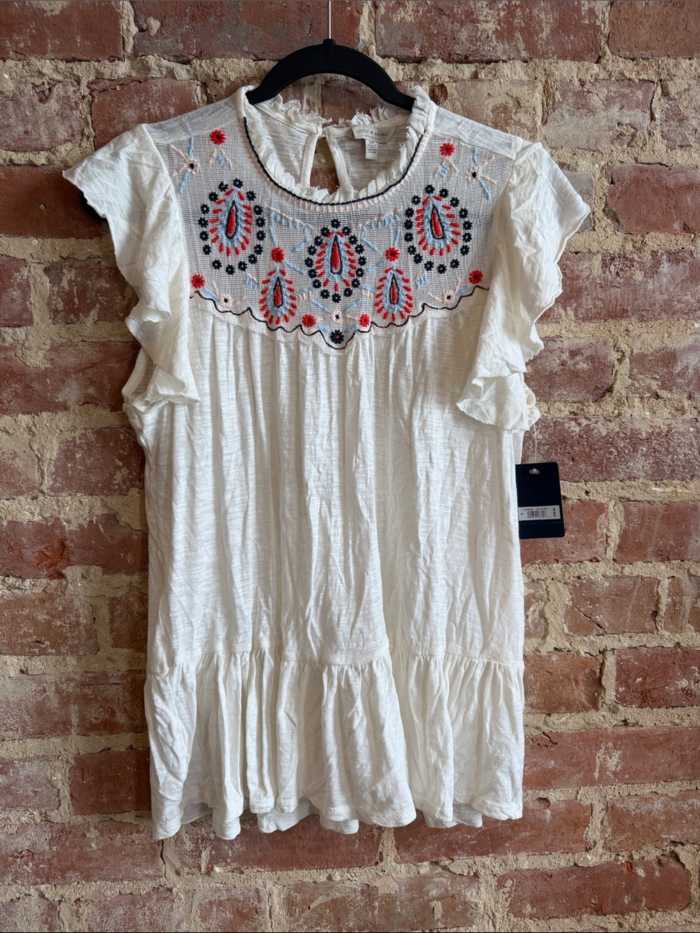 Lucky Brand White Tunic with Coral and Navy Embroidery